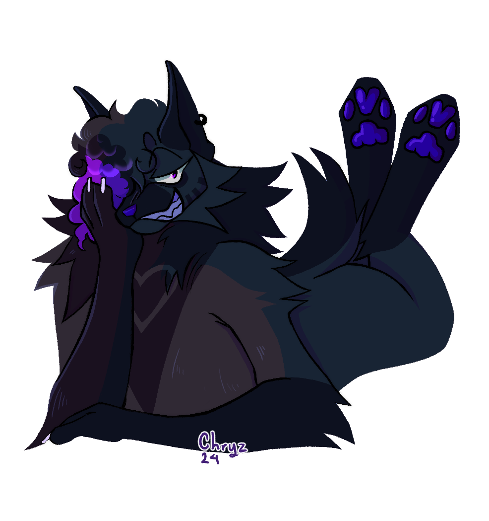 Picture of Indigo, an anthropomorphic melanistic maned wolf, laying down and kicking their feet, they have a mischievous smile